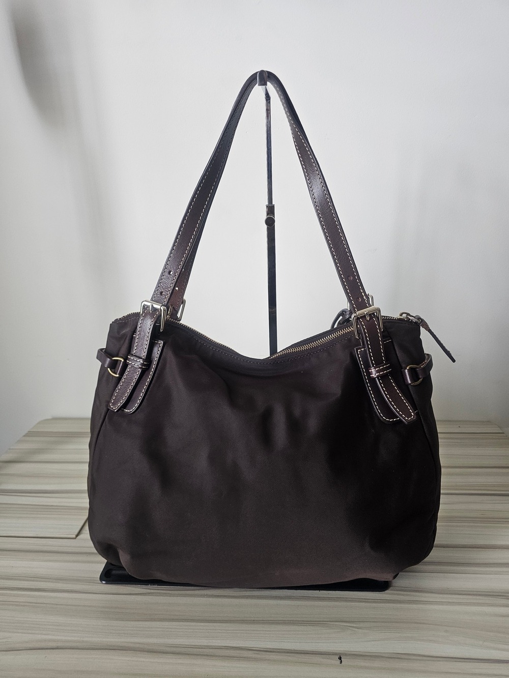 Dooney & Bourke Dark Brown Nylon Leather Shoulder Bag with Gold-Tone Hardware - Picture 2 of 7